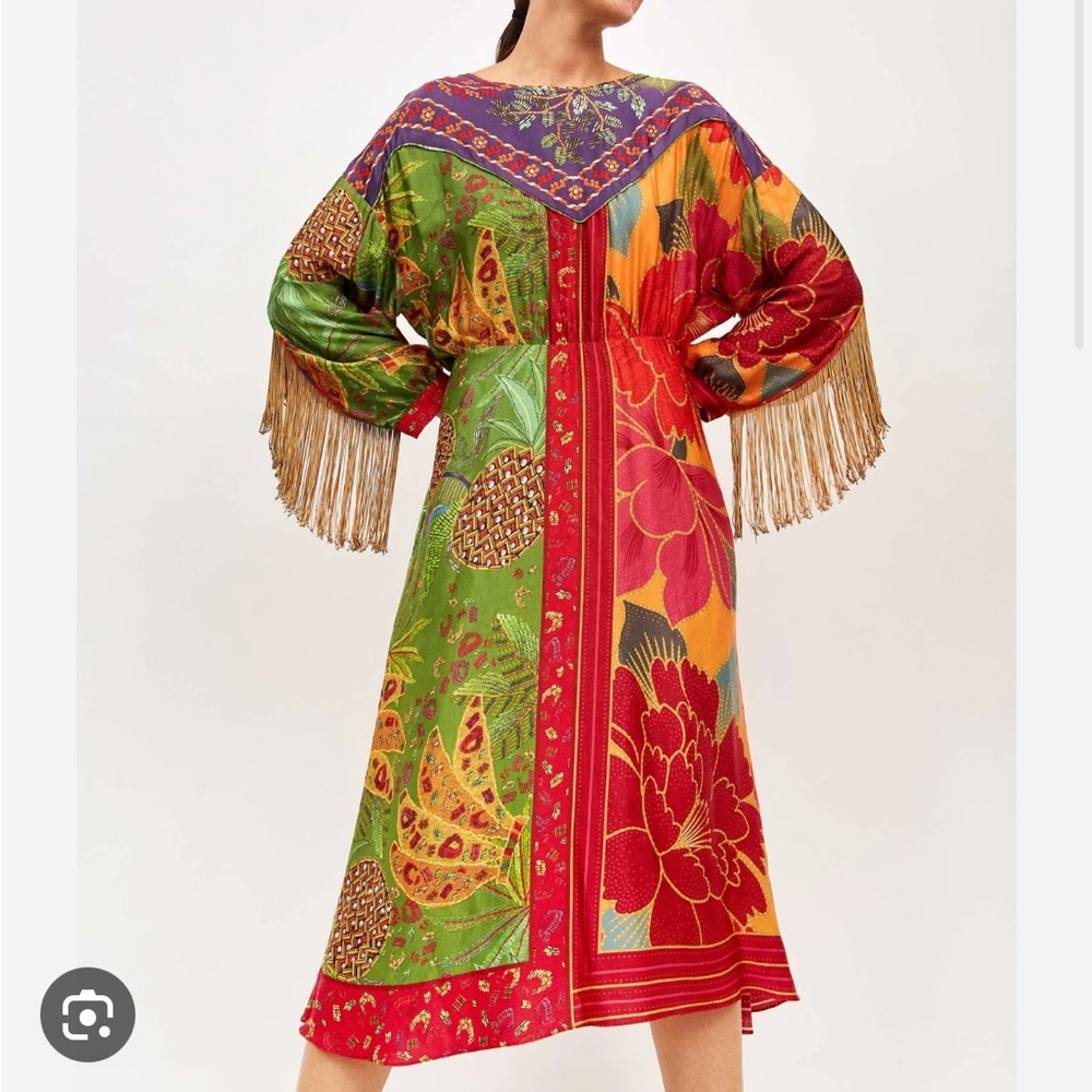 Farm rio mixed scarf midi dress with fringe